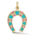 Close-up macro detail of a golden horseshoe pendant featuring turquoise and pink enamel inlays. - Horseshoe / Gold-Dark Green Horseshoe Pendant