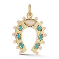 Detailed view of gold horseshoe pendant featuring turquoise stones and pink bead accents. - Horseshoe / Gold-Blue White Horseshoe Pendant
