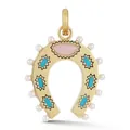 Detailed macro view of a gold horseshoe pendant with turquoise stones and white pearls - Horseshoe / Gold-Blue Pink Horseshoe Pendant
