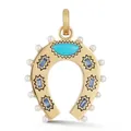 Detailed macro view of a golden horseshoe pendant with turquoise stones and pearls - Horseshoe / Gold-Blue Horseshoe Pendant