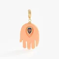 Detailed macro view of a peach Hamsa hand jewelry pendant with blue teardrop stone inlay - 8 Pink Hand Pendant