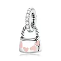 Silver handbag charm with pink enamel hearts and sparkling stones for bracelets - Heart Handbag Pendant / Heart Handbag