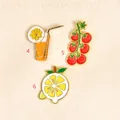 Set of three vibrant enamel pins featuring tomato, lemon, and orange drink designs - Tomato Style(5)