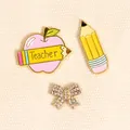 Fun enamel pins set featuring a teacher apple, yellow pencil and sparkly bow-knot - Apple Style(22)