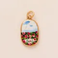 Élégant pendentif ovale plaqué or avec un imprimé champ de fleurs impressionniste - Imprimé Buisson de Fleurs Rouges / Pendentif Ovale