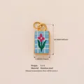 Floral grid stainless steel pendant charm with dimensions and 5.1g weight specification - Blue Bottom Pink Flower Rectangular Pendant