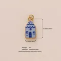 Gold-plated stainless steel house pendant with blue printed patterns charm - Light Blue House Pendant