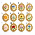 Detailed showcase of 12 vintage-style embroidered floral pendants with golden frames - China Rose (Pendant)