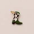 Close-up of a retro green cowboy boot charm pendant featuring a brown cow print pattern - Cow Print Cowboy Boot / Green Boot-7
