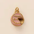 Detailed view of pink enamel cake charm with gold Happy Birthday engraving for DIY jewelry - Gold Cupcake Pendant