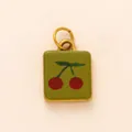 Stainless steel cherry pendant for DIY jewelry, olive green and gold finish variant - Square Green Cherry Pendant (Single-Sided Print) / Green Cherry