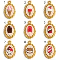 Detailed view of nine unique embroidered dessert pendants in golden stainless steel frames. - Ice Cream Cone (Pendant Only)