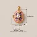 Vintage oval enamel locket pendant with purple floral pattern and pearl in copper gold - Purple Flower White Pearl Style