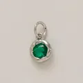 Silver-tone round charm with emerald green faceted stone for DIY jewelry making. - May Birthstone