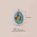 Blue oval stainless steel pendant with floral strawberry print and size dimensions - Strawberry Pendant