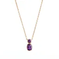 Detailed close-up of a gold necklace with two purple amethyst stones in a vertical line. - February Amethyst (Gold)