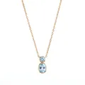 Close-up detail of minimalist gold necklace featuring double light blue oval gemstones - March Blue Topaz (Gold)