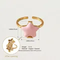 Detailed macro view of pink enamel star locket ring showing dimensions and material info - Pink Star Ring / Pink Gold