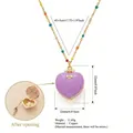 Detailed view of a purple heart locket necklace showing dimensions and open state. - Heart Locket Style (Little Girl) / Pink Gold