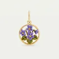 Close-up of a circular stainless steel pendant featuring purple enamel violet flowers - February Birth Flower Violet Pendant Only (Without Chain)