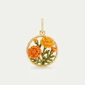 Detail of round gold-tone pendant featuring orange and yellow enamel marigold flowers - October Birth Flower Marigold Pendant Only (Without Chain)