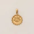 Detailed view of gold-plated stainless steel Evil Eye pendant with geometric symbols - Round Evil Eye Pendant