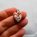 Stainless steel heart pendant featuring unique hand-written 'Fuck' engraving design - Letter Print Pendant / White Heart Brown Red Wrap (Fuck xxx)