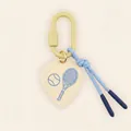 Detail of tennis racket print heart pendant keychain with green carabiner. - Tennis Pendant