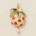Detailed view of enamel strawberry fruit pendant with pearl and sparkling crystal leaves - Strawberry Bread Pendant