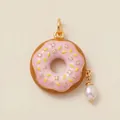 Macro detail of pink enamel donut pendant with sparkling stones and a hanging pearl - Pink Donut Pendant