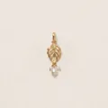 Macro view of an elegant 18K gold-plated leaf pendant with dangling white pearls - Golden Feather Pendant