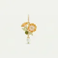 Detailed macro view of an elegant gold floral pendant with orange enamel and pearl. - August Flower Pendant Only (Without Chain) / Gold