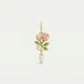 Detailed macro shot of a gold flower pendant with pink enamel roses and a pearl drop - June Flower Pendant Only (Without Chain) / Gold