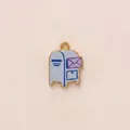 Detailed view of a mailbox pendant with a purple envelope charm in gold-plated steel. - Blue Post Box Pendant Only