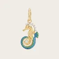 Detailed view of a gold-plated seahorse pendant with blue enamel and sparkling stones. - Seahorse Pendant