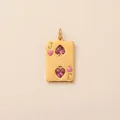 Detail showing gold poker card pendant with pink heart gemstones and J engraving - Playing Card Jack Pendant / Gold