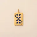 Close-up detail of a gold playing card pendant featuring nine blue heart shapes - Heart 9 Poker Card Pendant / Gold