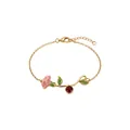 Detail of elegant gold chain bracelet with pink enamel flower and red gemstone. - Carnation (JFBK262603KI) / January Carnation Bracelet