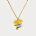 Detailed macro shot showing the enamel daffodil pendant and light blue oval gemstone - March Daffodil