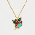 Detailed view of holly flower necklace with green enamel leaves and turquoise stone - December Holly