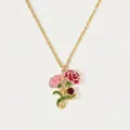 Detailed view of enamel carnation flower pendant necklace with red gem on gold chain - January Carnation