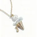 Cute gold ice cream cone necklace with white pearl scoop and melted drip pendant - Teardrop Pendant Ice Cream (JPNK255001RI) / 1 Piece / Gold