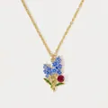 Exquisite gold forget-me-not flower necklace with blue enamel petals and red stone accent - July Larkspur