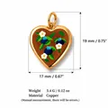 Blueberry floral pattern copper heart charm pendant in gold finish with measurements - 16 Three Blueberries Pendant