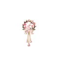 Macro view of pink enamel floral wreath pendant with dangling rabbit and flower charms - April Flower Pendant