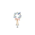 Detailed macro view of enamel flower wreath pendant with dragonfly and bow charms. - July Flower Pendant
