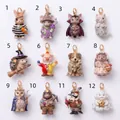 Detailed view of twelve assorted cartoon animal charms with gold rings for jewelry making. - Pirate Rabbit Pendant / Pendant Only