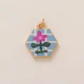Hexagonal gold-plated pendant with pink floral design on blue checkered background - Pink Flower Blue Plaid Hexagon Pendant (Style 3)