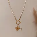 Elegant 18K gold plated stainless steel pearl necklace with clover and lightning charms. - Pearl Sailor Clasp Chain Only (Without Pendant)