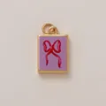 Elegant 18K gold plated rectangular charm with red bow on purple textured inlay. - Bright Red Bow Rectangular Pendant (17小花)